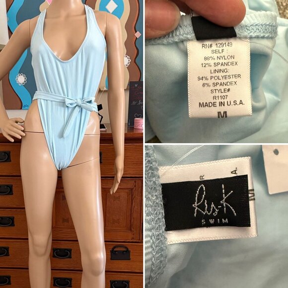 Lunar One Piece Swimsuit Size Medium Tie Waist Racerback Design Ris-K Beach Blue - Picture 3 of 9